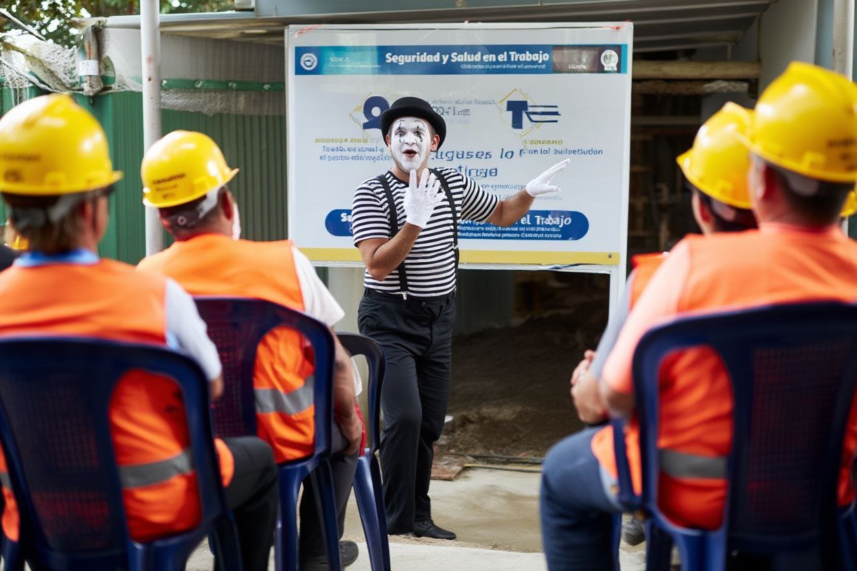 Payaso explicando seguridad laboral a obreros en una bodega